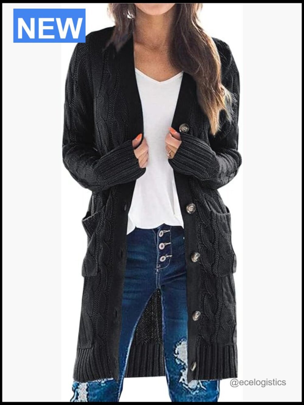Long Cable Knit Open Front Cardigan with Pockets